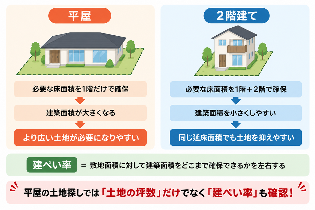 平屋と2階建ての建築面積を比較し、建ぺい率と必要な土地の広さの関係を示した図解