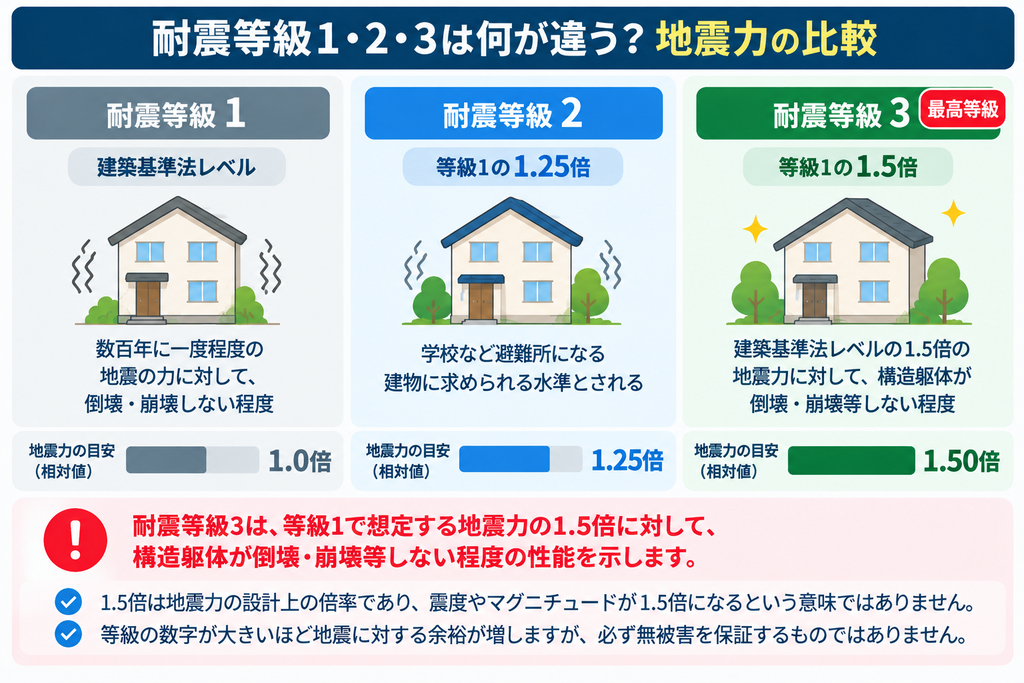 耐震等級1・2・3の地震力に対する強さの違いの図解